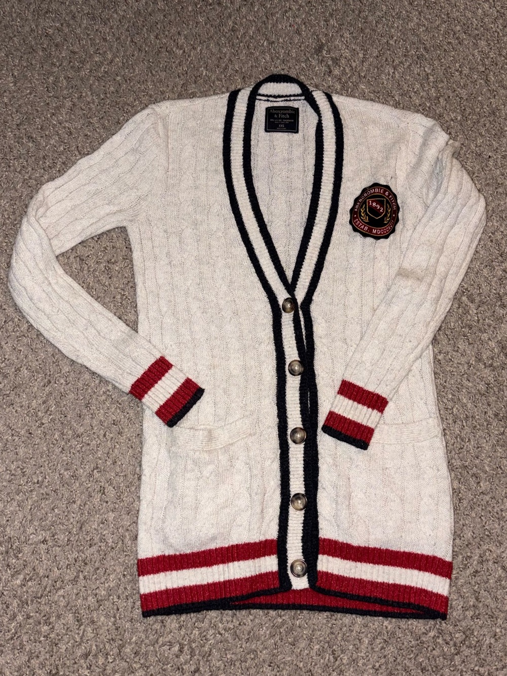 Abercrombie & Fitch Cream Cable-Knit Cardigan with Black & Red Trim